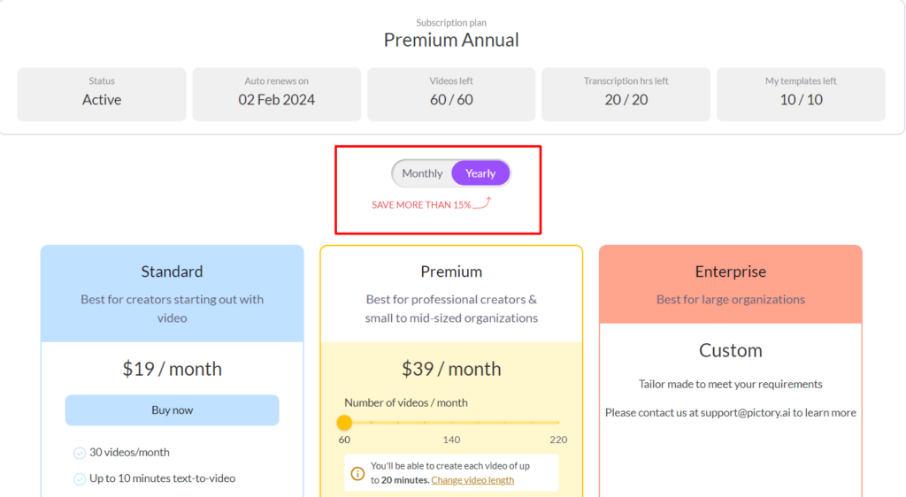 Pictory subscription plans